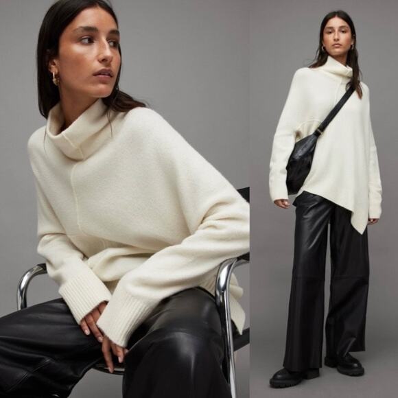 Allsaints Ivory White Cream Lock Roll Neck Asymmetric Wool Turtleneck Sweater - Picture 1 of 12